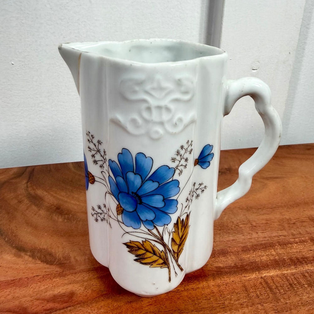Antique Hand Painted Blue Floral Porcelain Pitcher‎ Gold Gilt 685/2 2174 6.25in